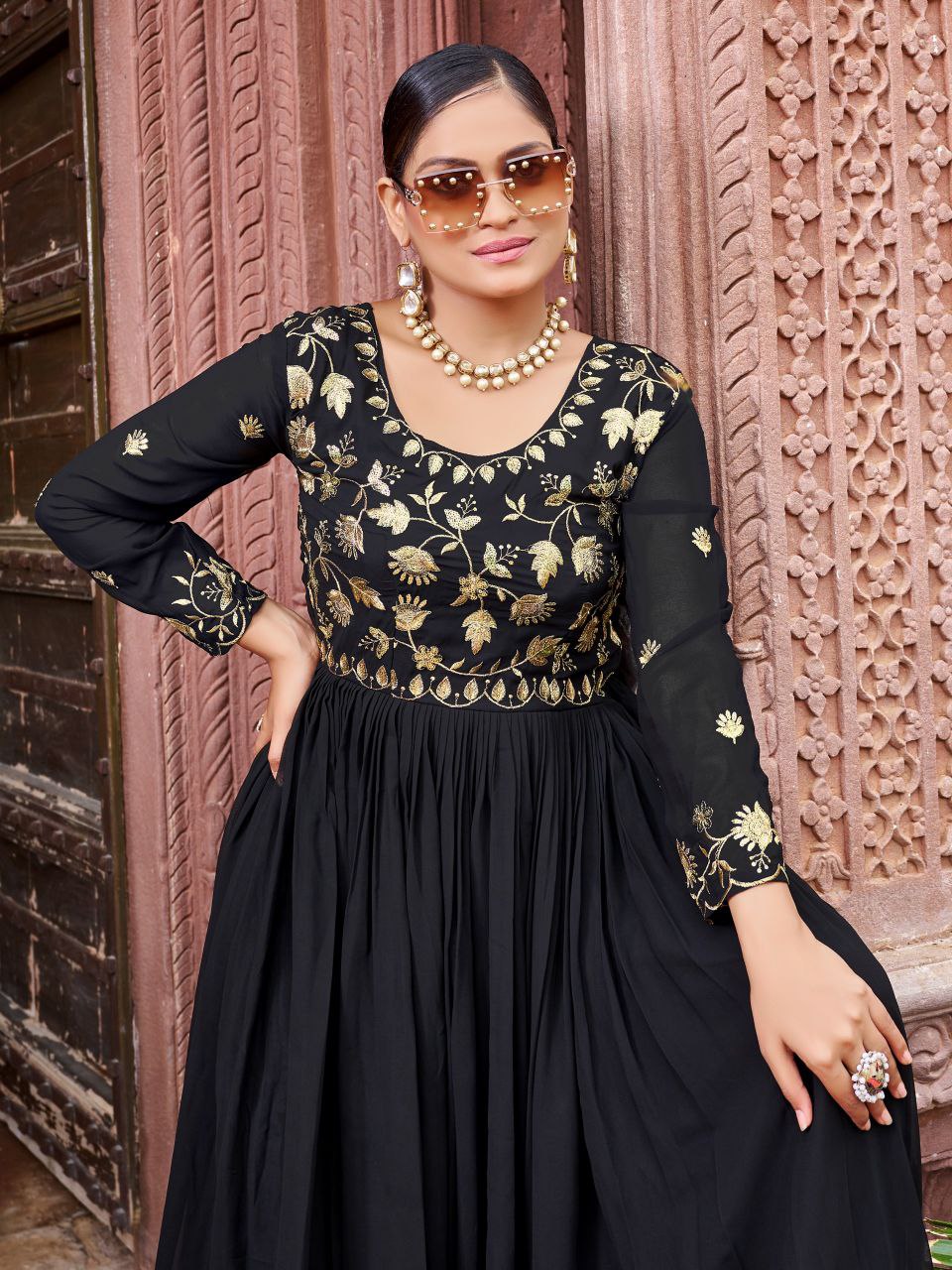 Black Georgette Embroidered Zari Work Designer Gown