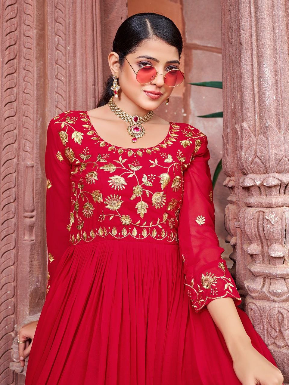 Maroon Georgette Embroidered Zari Work Designer Floor Length Gown