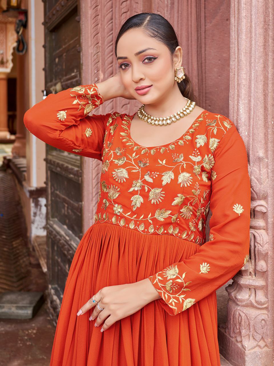 Rust Georgette Embroidered Zari Work Designer Floor Length Gown