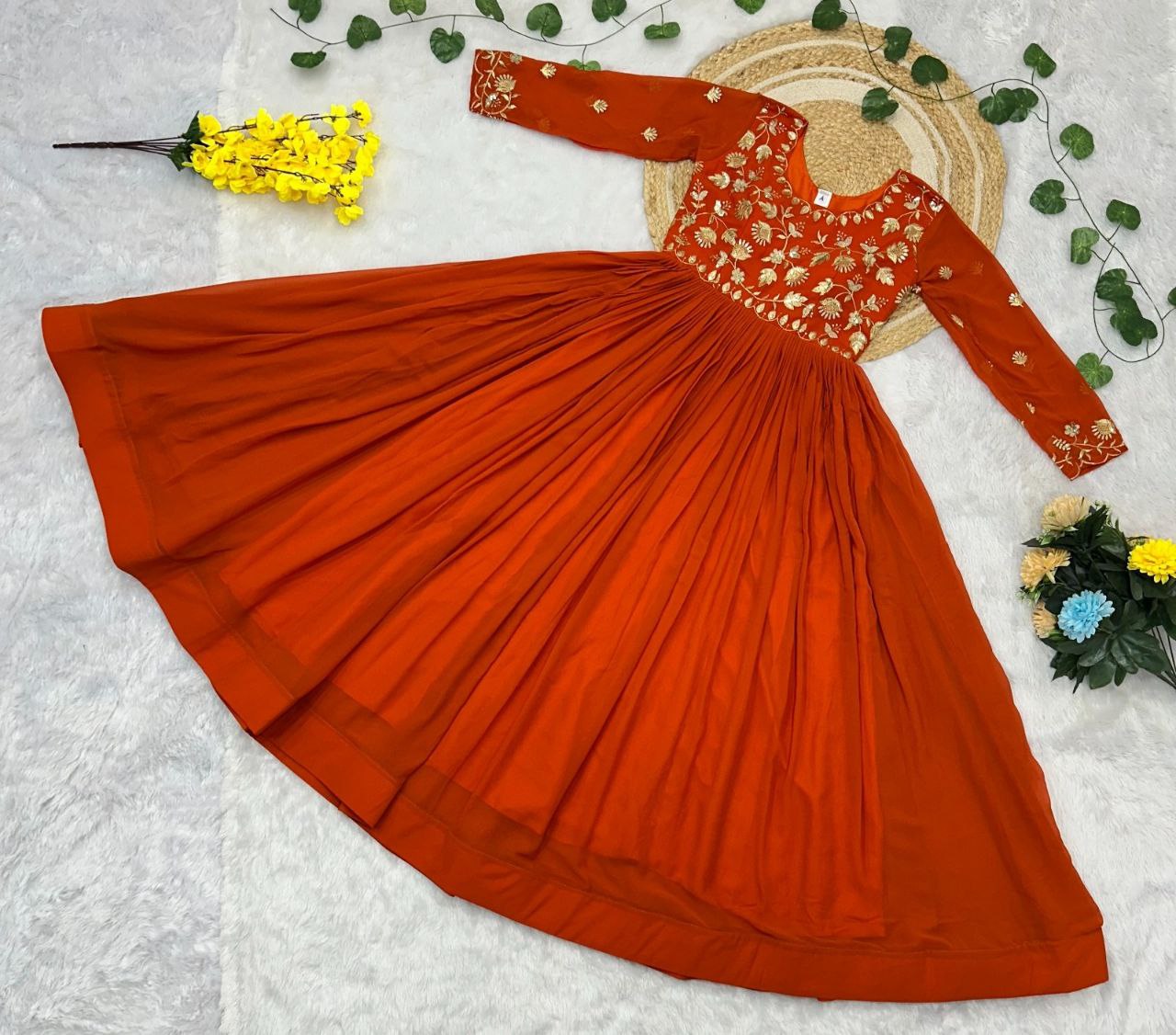 Rust Georgette Embroidered Zari Work Designer Floor Length Gown