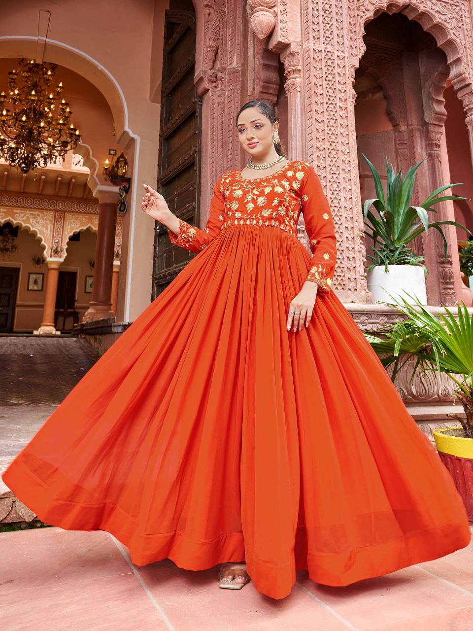 Prazu Fashion Rust Georgette Embroidered Zari Work Designer Gown