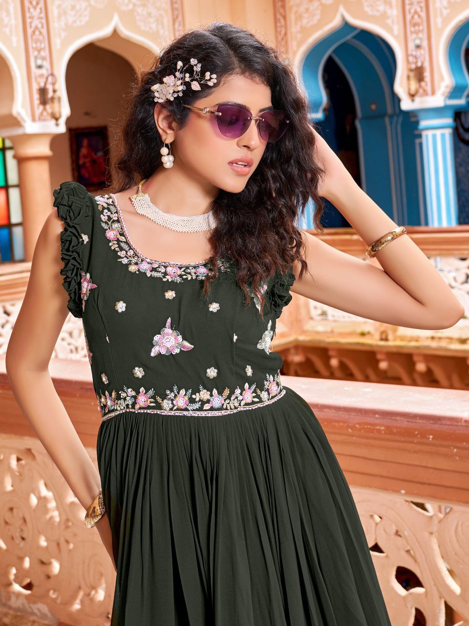 Dark Green Georgette Embroidered Gown with Zari and Sequin Work