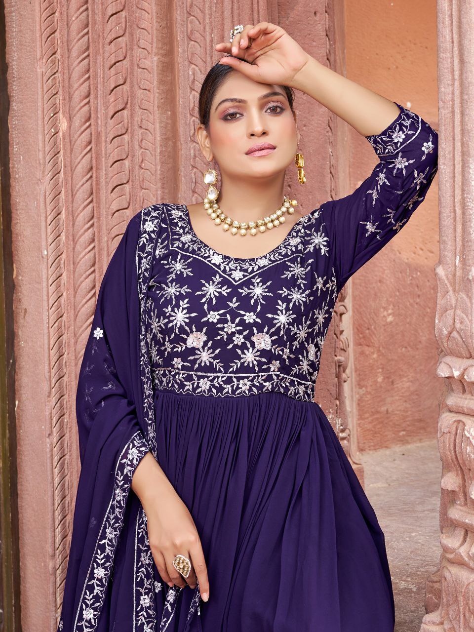 Blue Georgette Designer Gown with Zari and Sequin Embroidery
