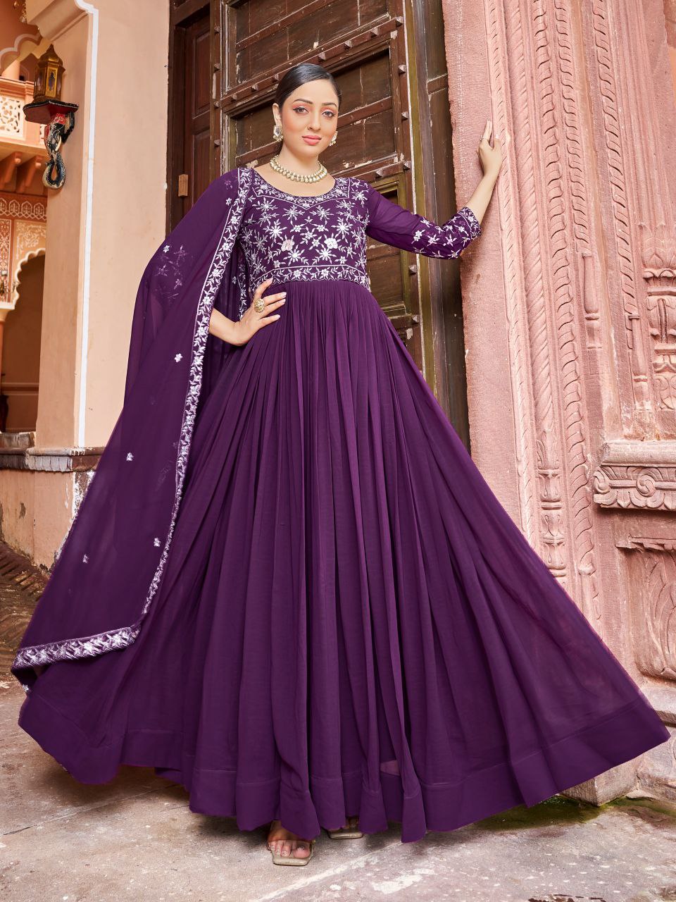 Purple georgette designer gown with zari and sequins embroidery and matching dupatta