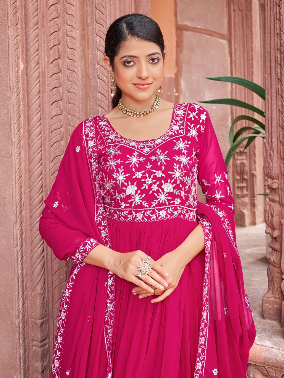 Rani Pink Georgette Designer Gown with Zari and Sequin Embroidery