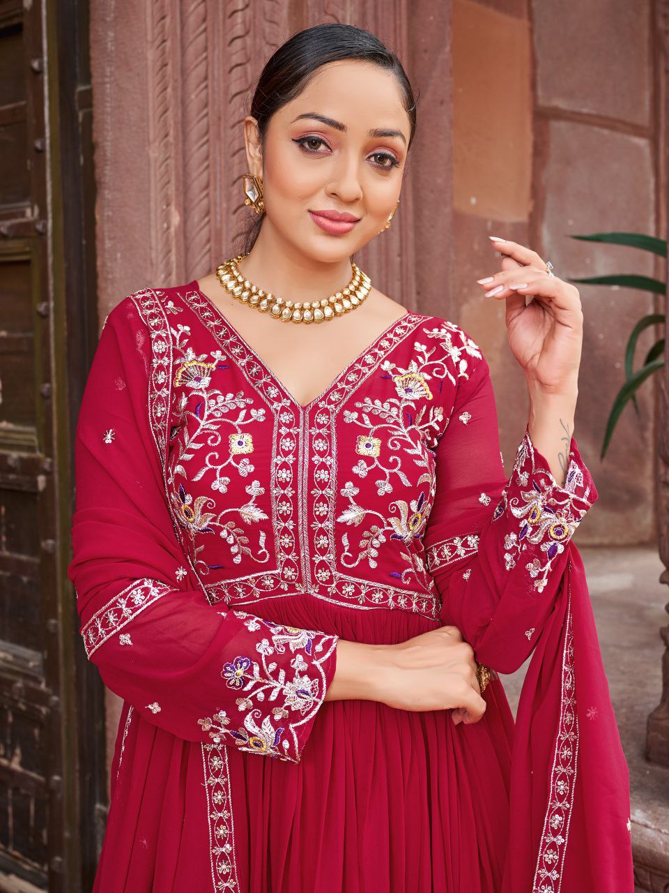 Red Georgette Gown with Rich Zari & Sequins Embroidery