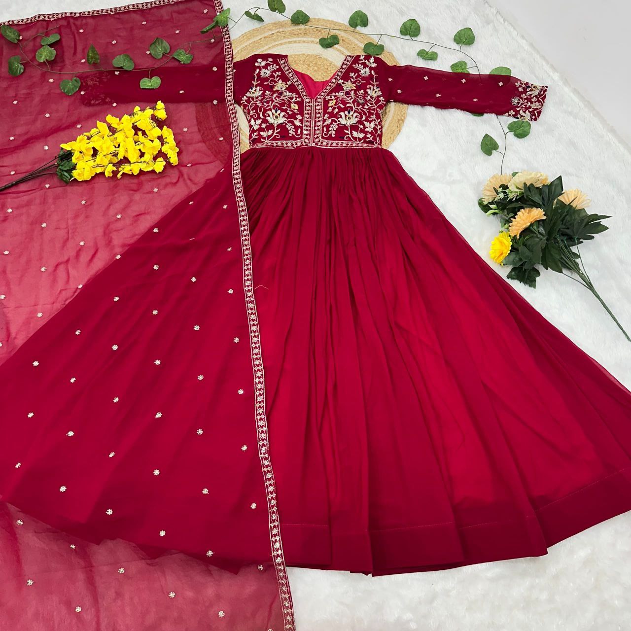 Red Georgette Gown with Rich Zari & Sequins Embroidery
