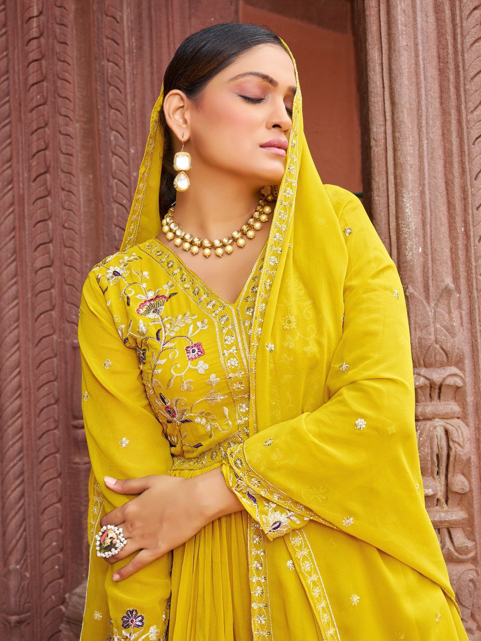 Yellow Georgette Gown with Zari and Sequins Embroidery