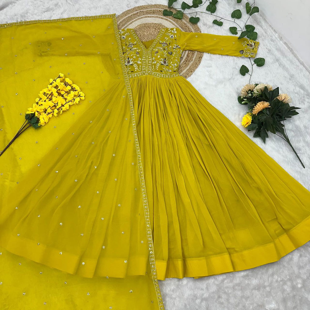 Yellow Georgette Gown with Zari and Sequins Embroidery