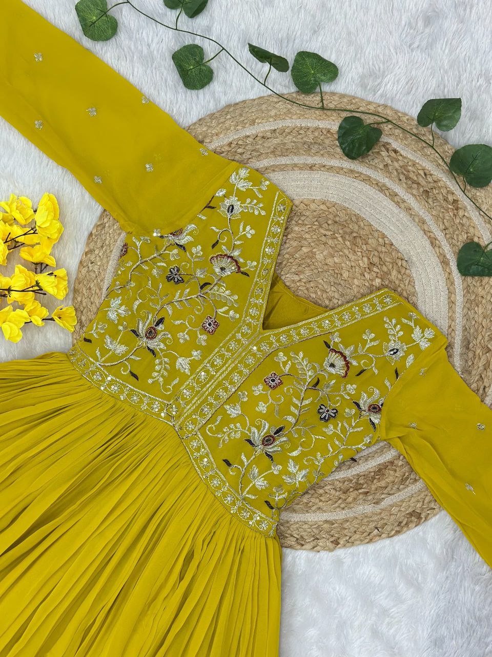 Yellow Georgette Gown with Zari and Sequins Embroidery