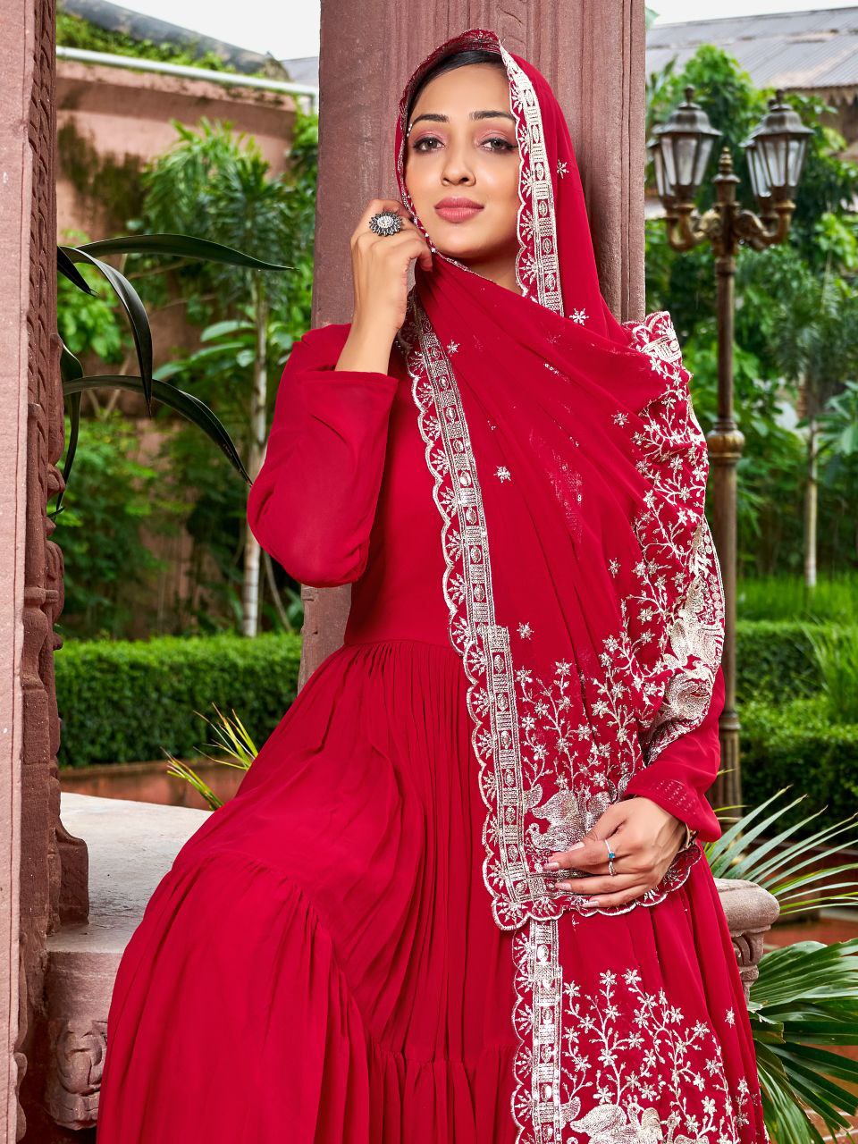 Red Georgette 3-Layer Huge Flair Gown with Dupatta