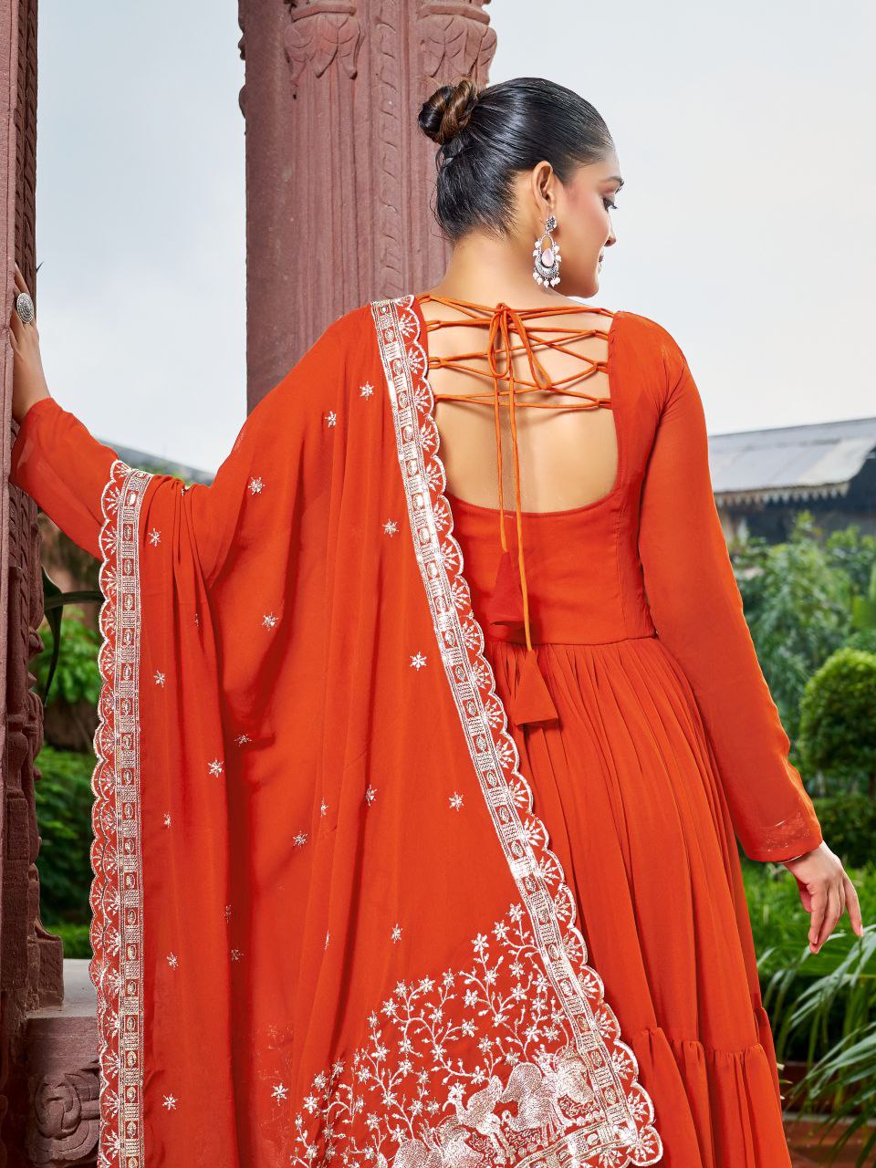 Rust Georgette 3-Layer Flair Gown with Dupatta - Elegant Formal Wear
