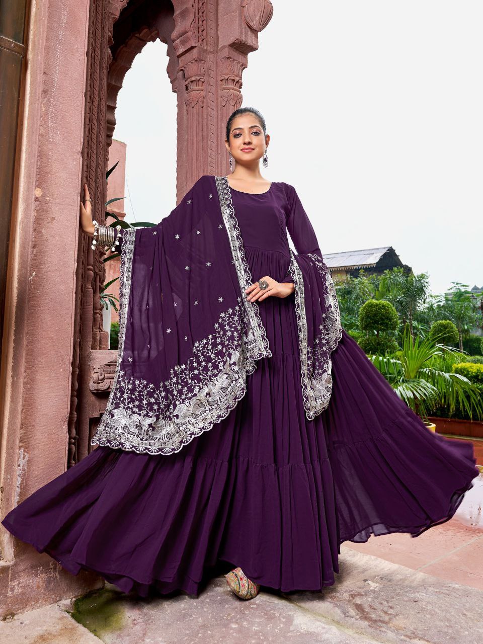 Wine colored 3-layer faux georgette gown with 9-meter flair
