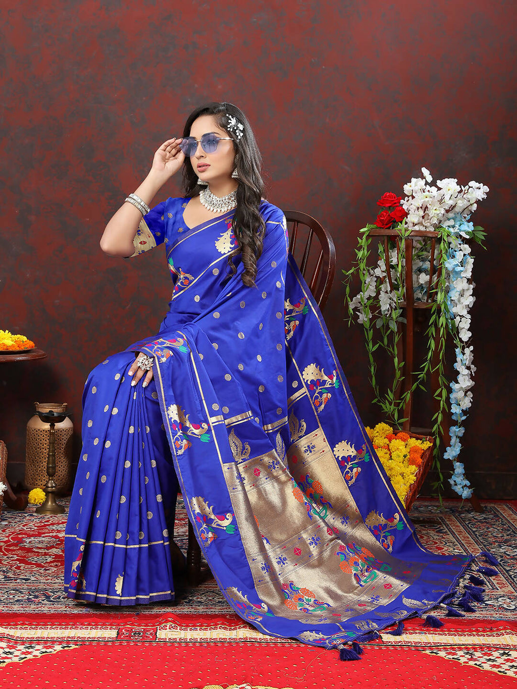 Blue Soft Paithani Silk Saree with Gold Zari Meenakari Weaving