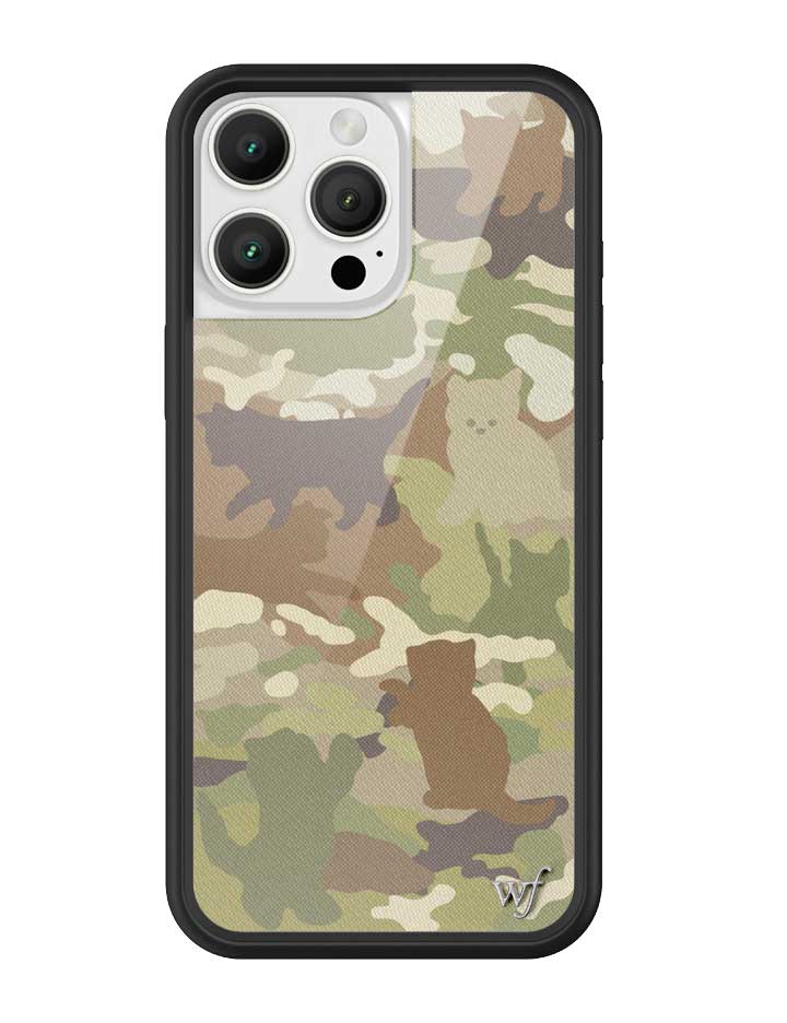 Cat Camo iPhone case with green camouflage print featuring hidden cat silhouettes and a black rubber bumper.