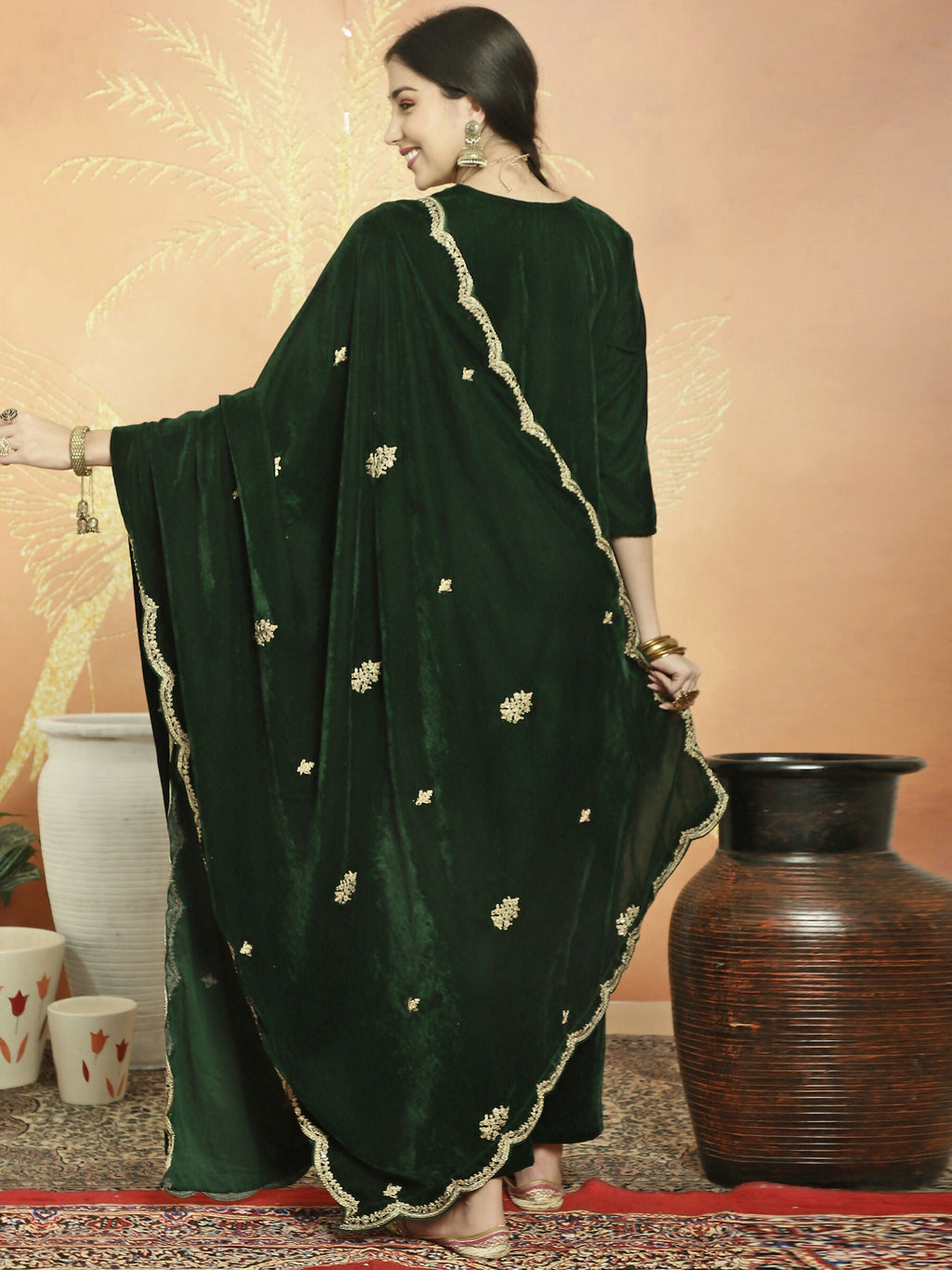 Green Velvet Straight Kurta Set with Cording & Sequin Detail