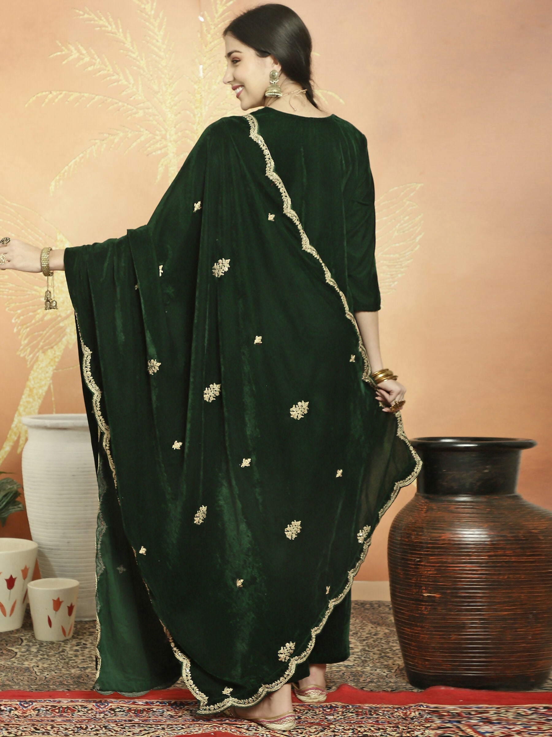 Green Velvet Straight Kurta Set with Cording & Sequin Detail