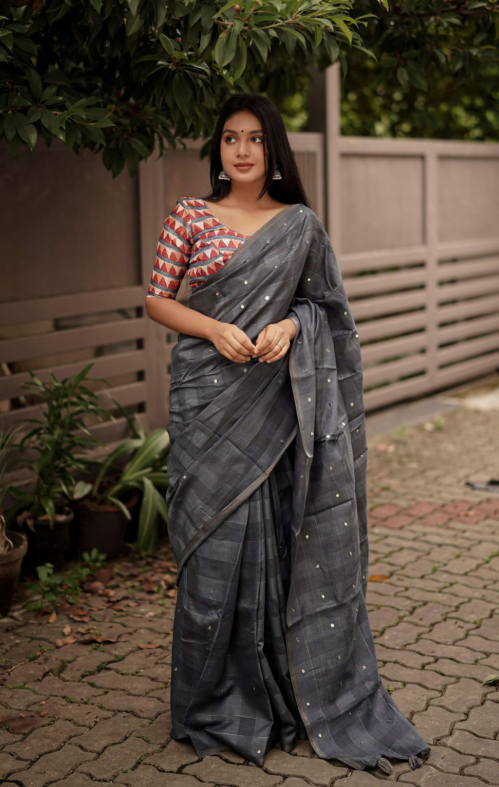 Grey pure linen saree with chex pattern and aari mirror work details