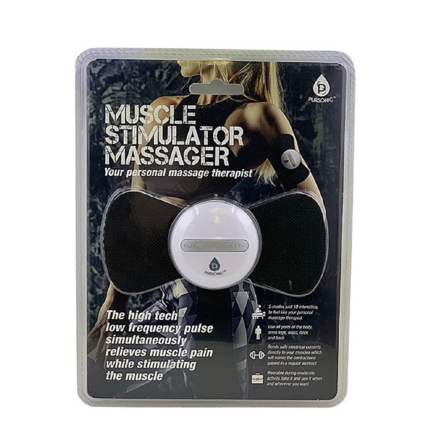 Pursonic wearable wireless muscle stimulator pulse massager on a white background