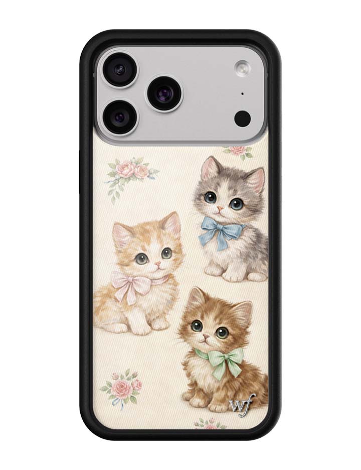 Vintage Kittens iPhone case with floral and kitten illustrations on a white background