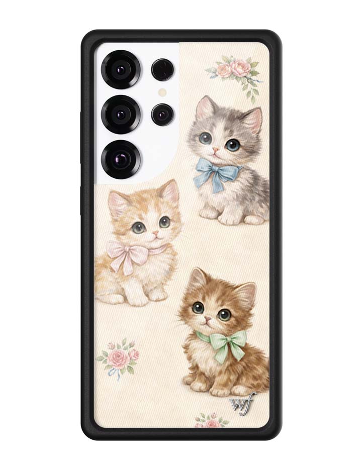 Vintage Kittens Samsung Galaxy case featuring three kittens and floral patterns on a cream background
