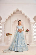 Light Sky Butterfly Net wedding lehenga with white cotton thread and zari sequence embroidery