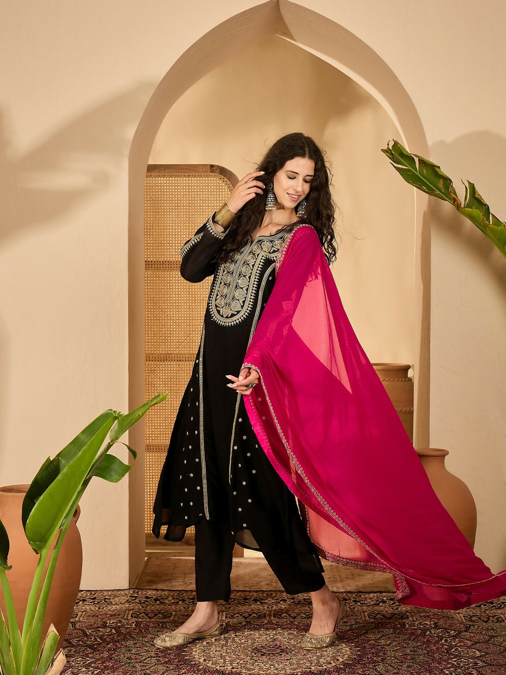 Embroidered Black Vichitra Silk Kurta Set for Women