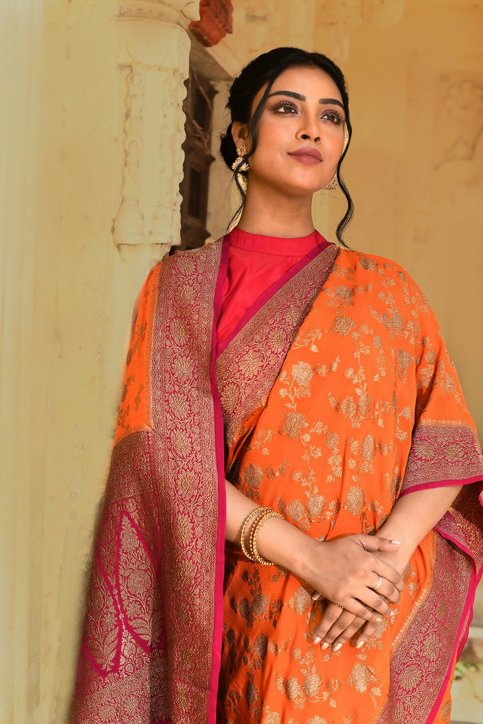 Orange Crepe Chiffon Pure Handloom Banarasi Silk Saree