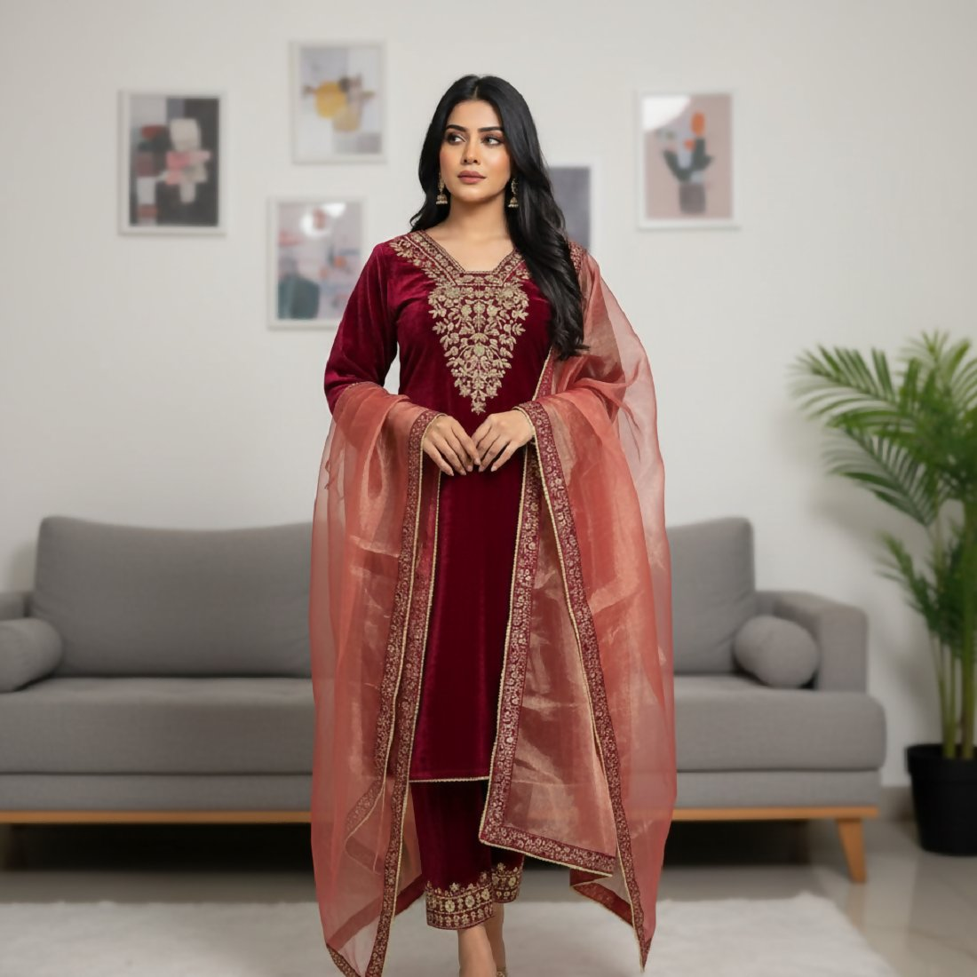 Maroon Velvet Embroidered Sequence Work Readymade Kurta Set