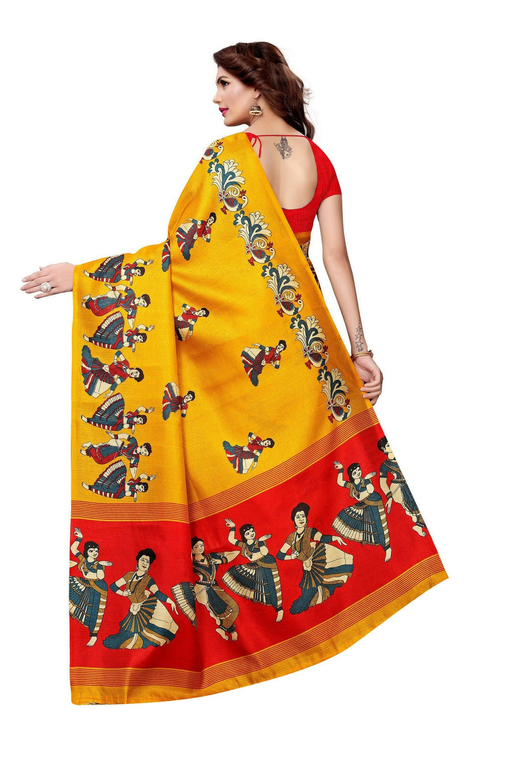 Yellow Kalamkari Khadi Silk Saree with Jhalar and Red Blouse