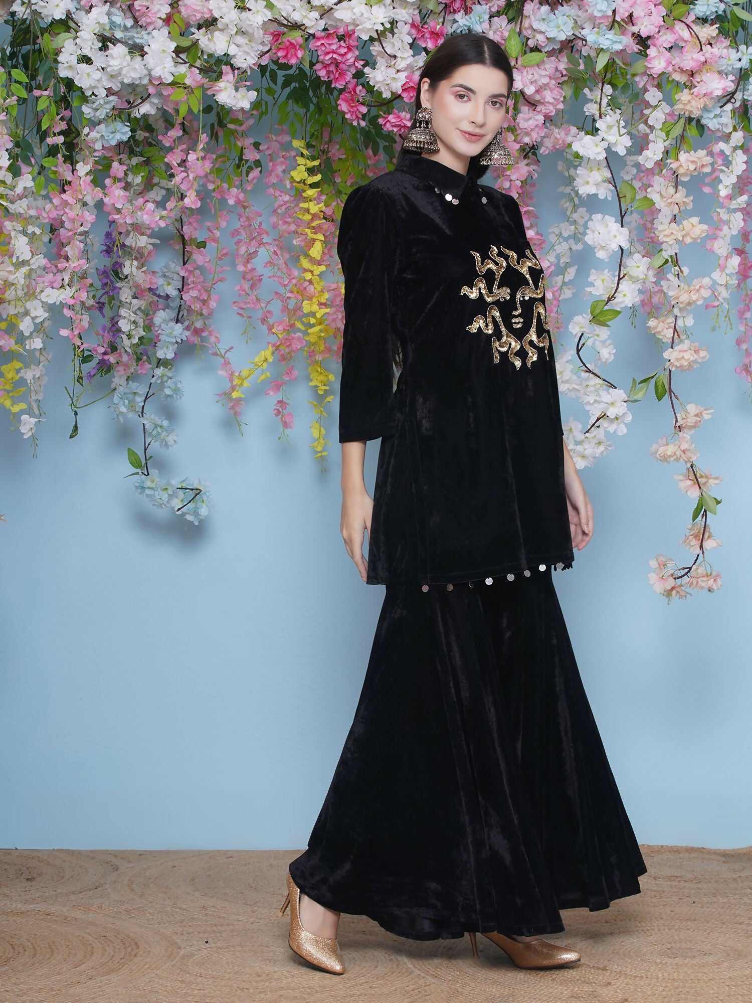 Black Velvet Sharara Set with Maroon Accents
