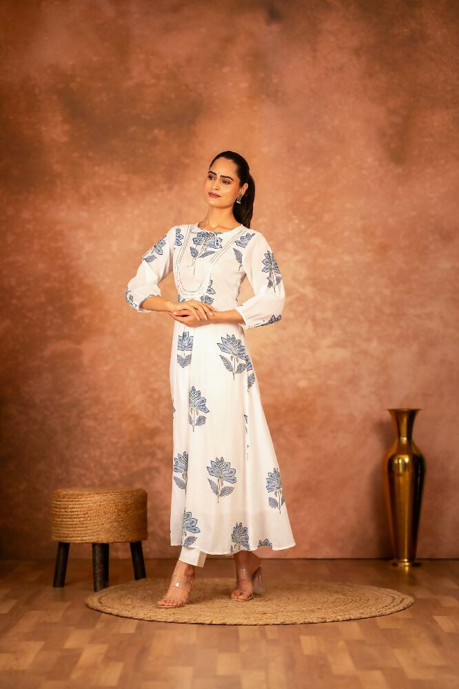 Blue Floral Hand Block Printed Cotton Kurta and Pant Set
