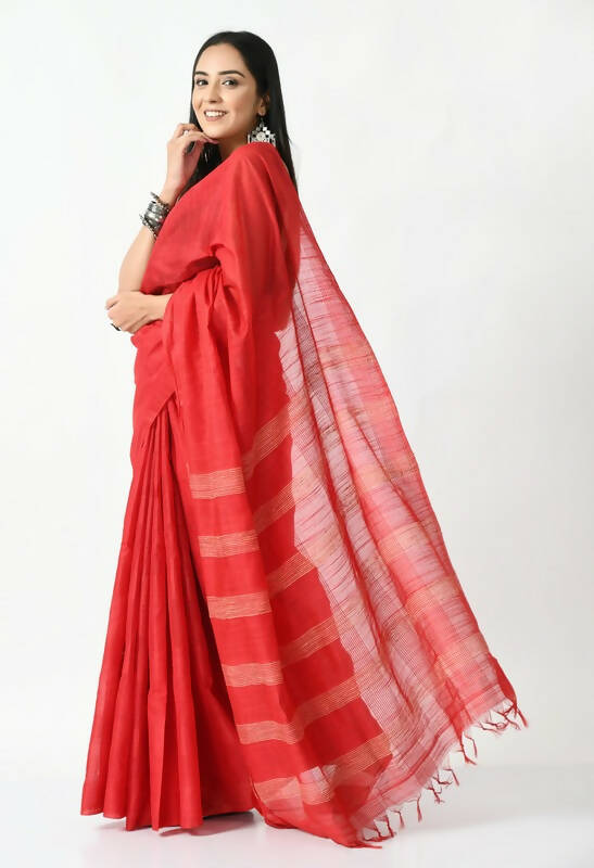 Red Bhagalpuri Handloom 8 Line Ghichha Silk Saree