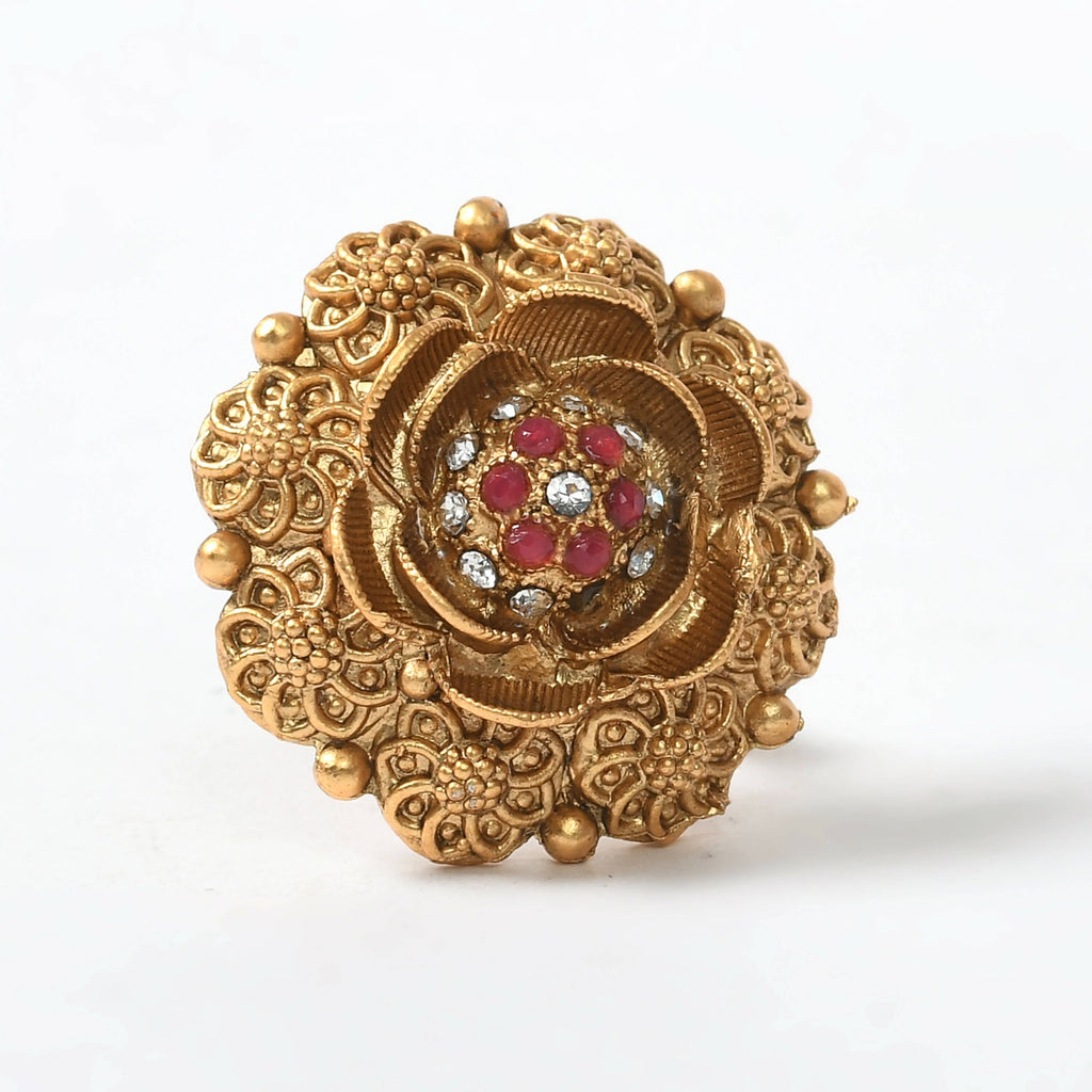 Elegant gold-polished adjustable finger ring featuring intricate stone-studded traditional design.