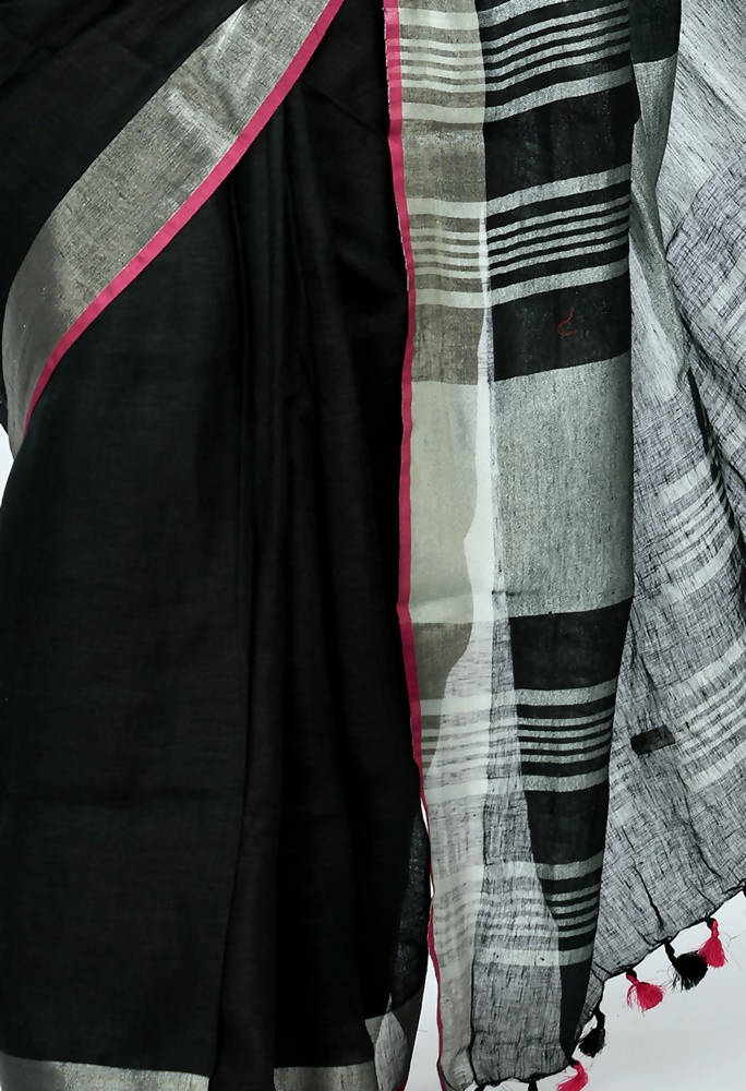 Black Pure Linen Saree with Contrasting Pink Blouse Piece