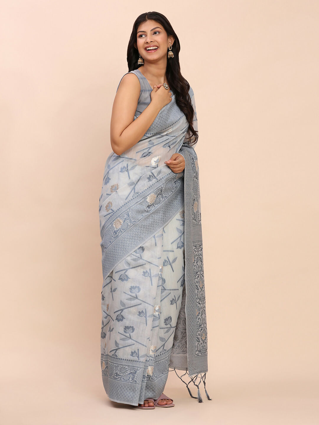 Grey Linen Cotton Saree with Matching Blouse Piece