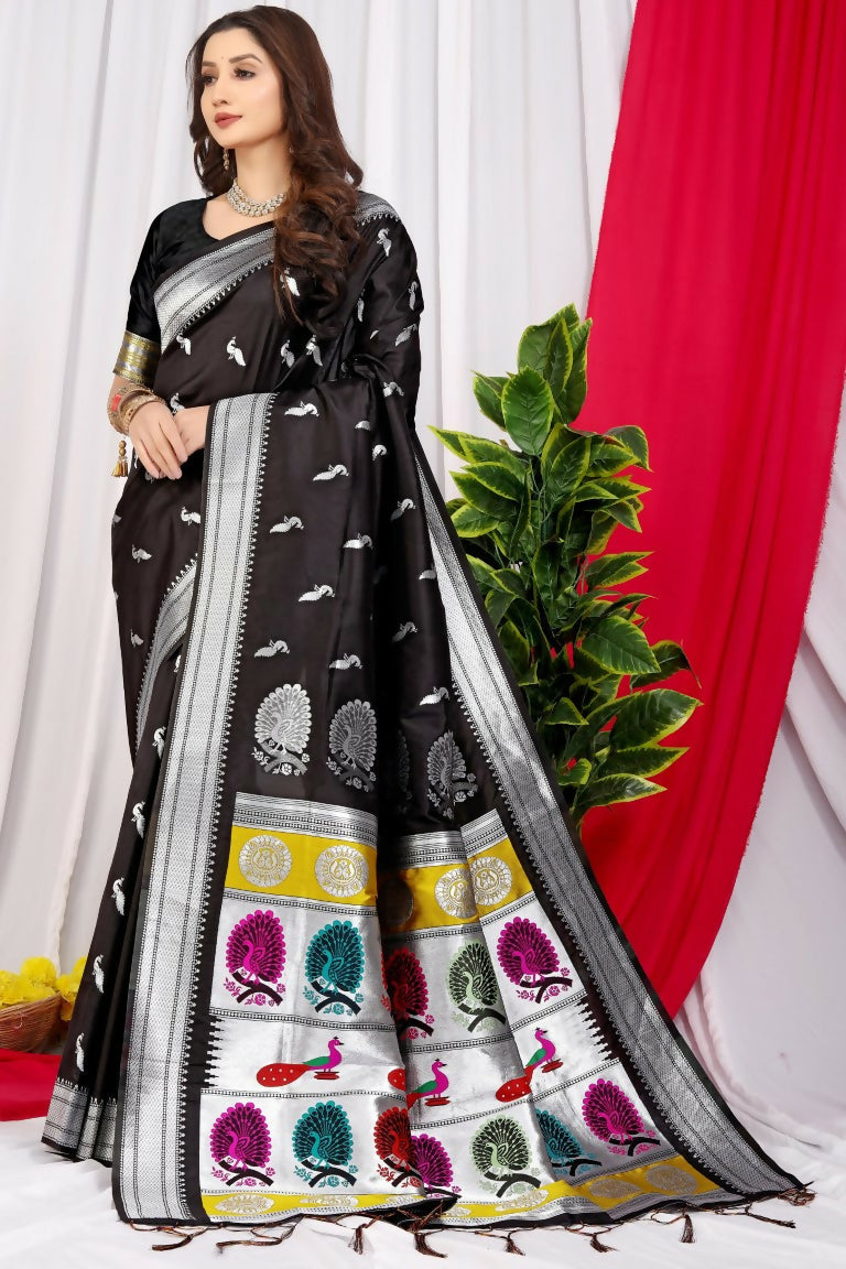Sophisticated Black Paithani Silk saree with Zari woven border and matching blouse