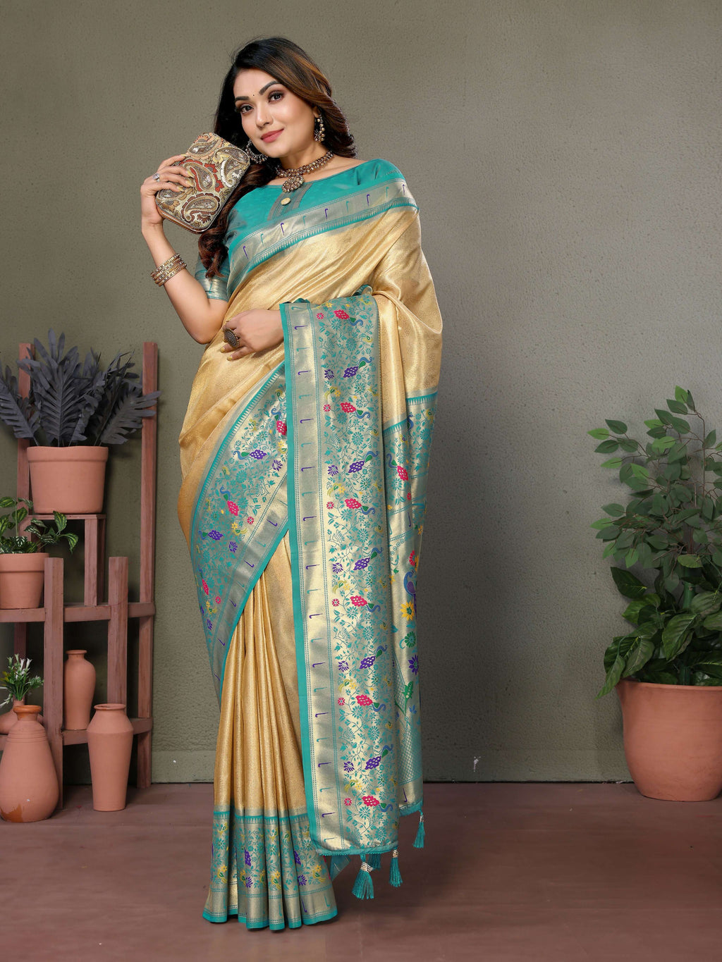 Cream Tissue Silk Paithani Woven Saree for Elegant Occasions