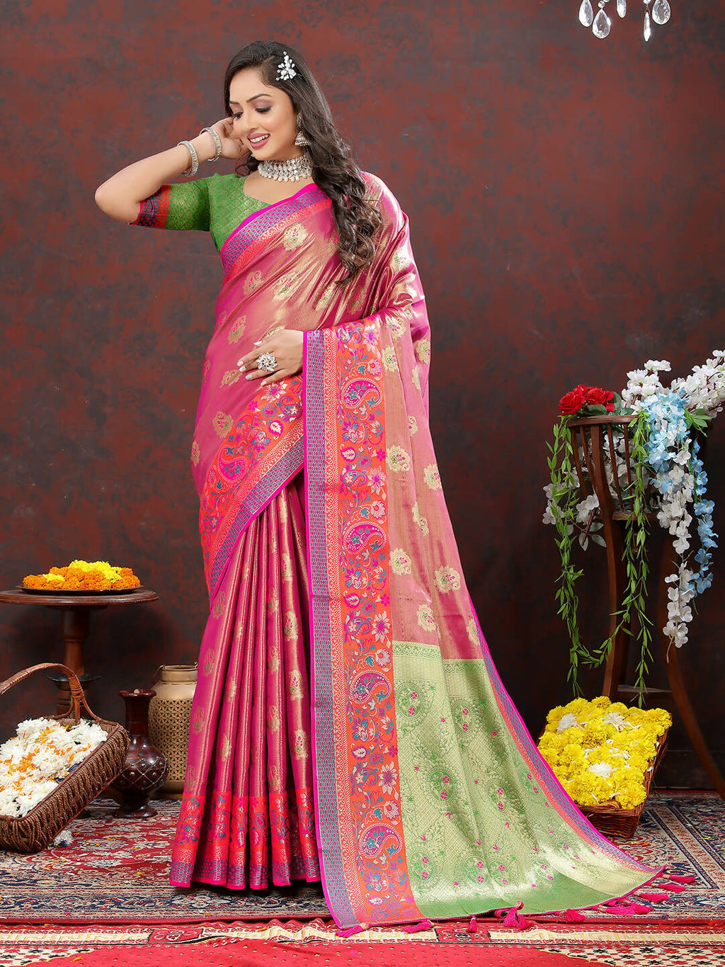 Magenta Kanjivaram Silk Saree with Traditional Zari Weaving