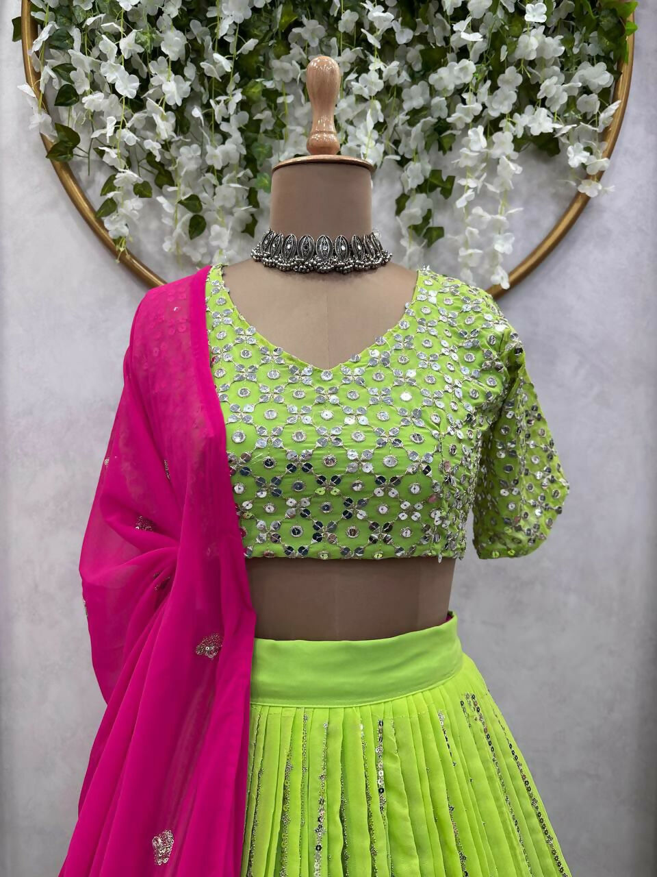 Green Faux Georgette Sequins Embroidered Lehenga Choli Set
