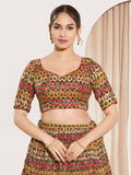 Red brocade padded blouse with sweetheart neckline and elbow sleeves
