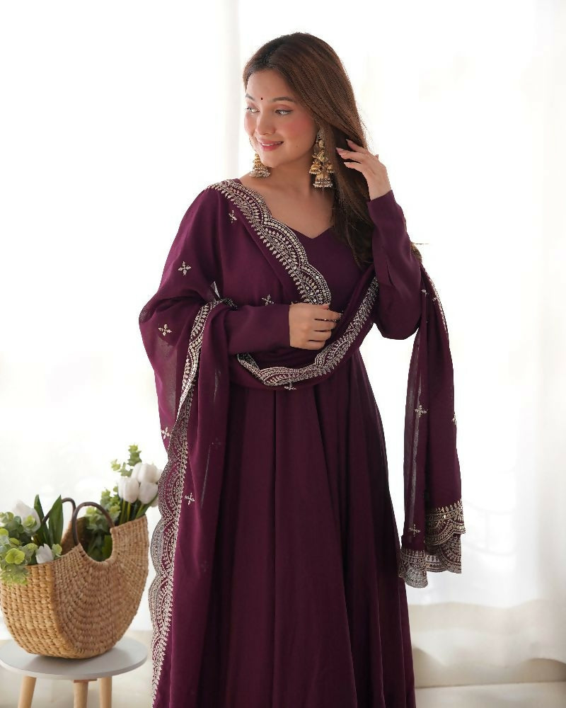 Wine Chanderi Kurta Set with Sequence Embroidery Work - 3 Piece