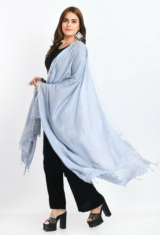 Grey Linen Cotton Dupatta with Silver Border