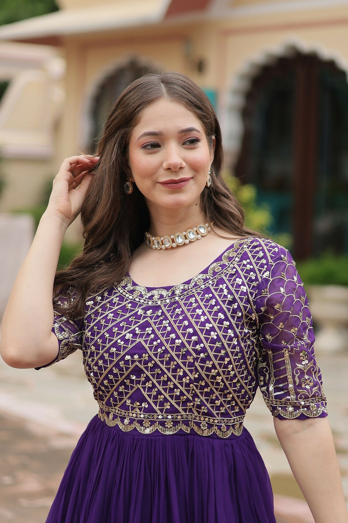 Purple Georgette Gown with Detailed Sequence Embroidery