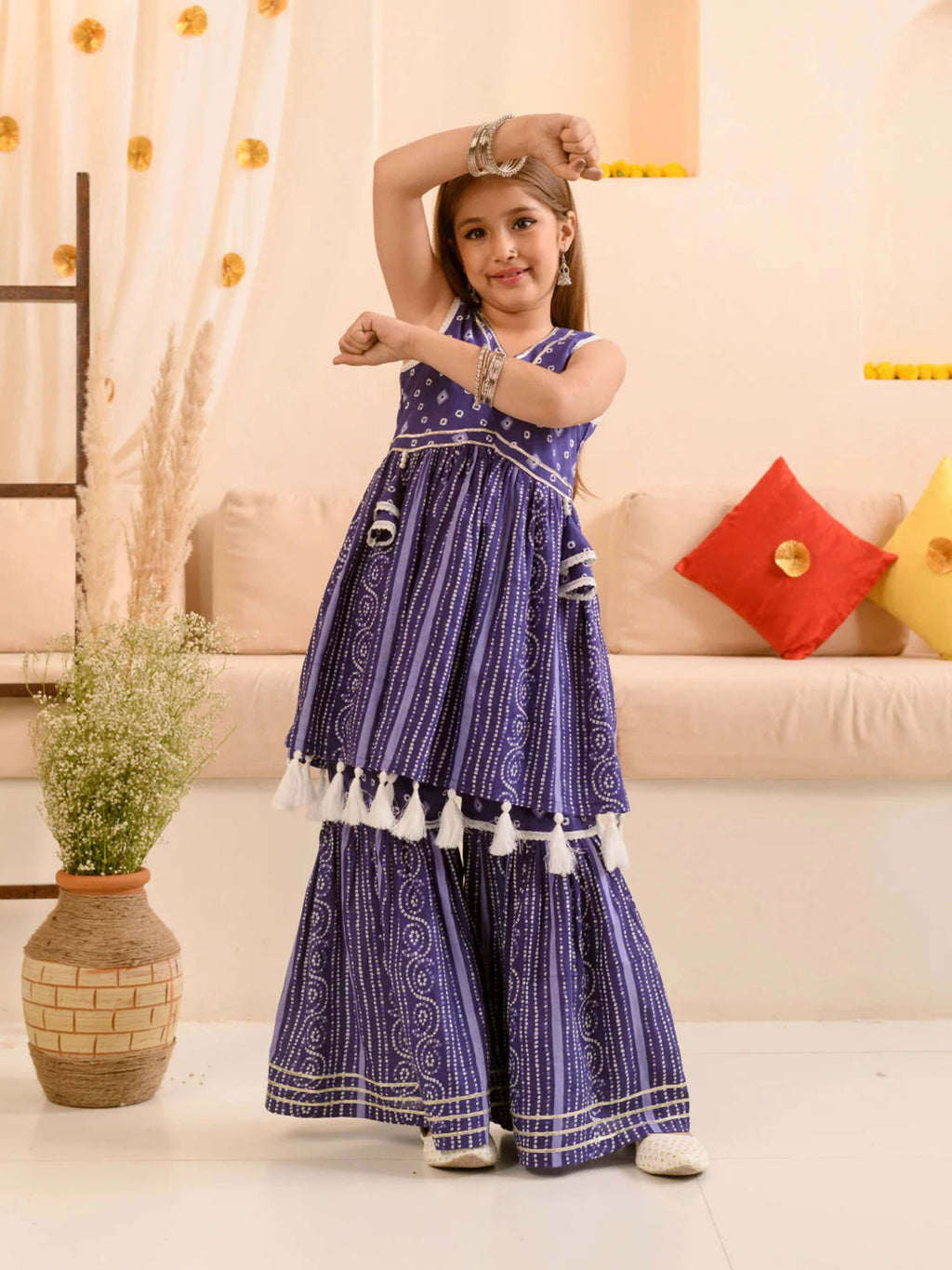 Girl's Blue Cotton Kurta and Palazzo Sharara Set
