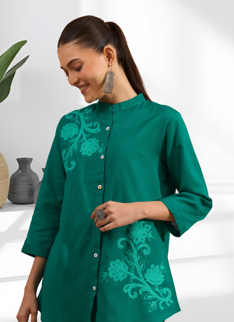 Green Cotton Linen Embroidered Cord Set for Festive Wear