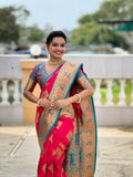 Rani pink banarasi silk saree with gold zari meenakari work