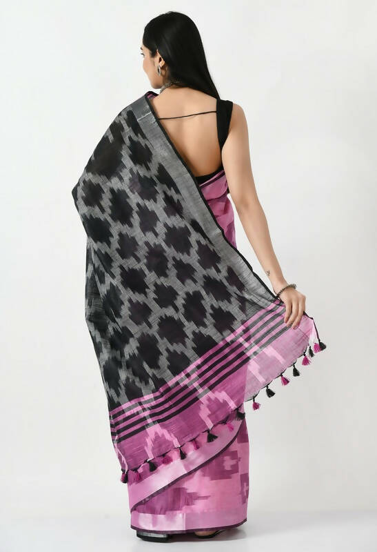 Pink and Black Bhagalpuri Handloom Ikat Pure Cotton Saree