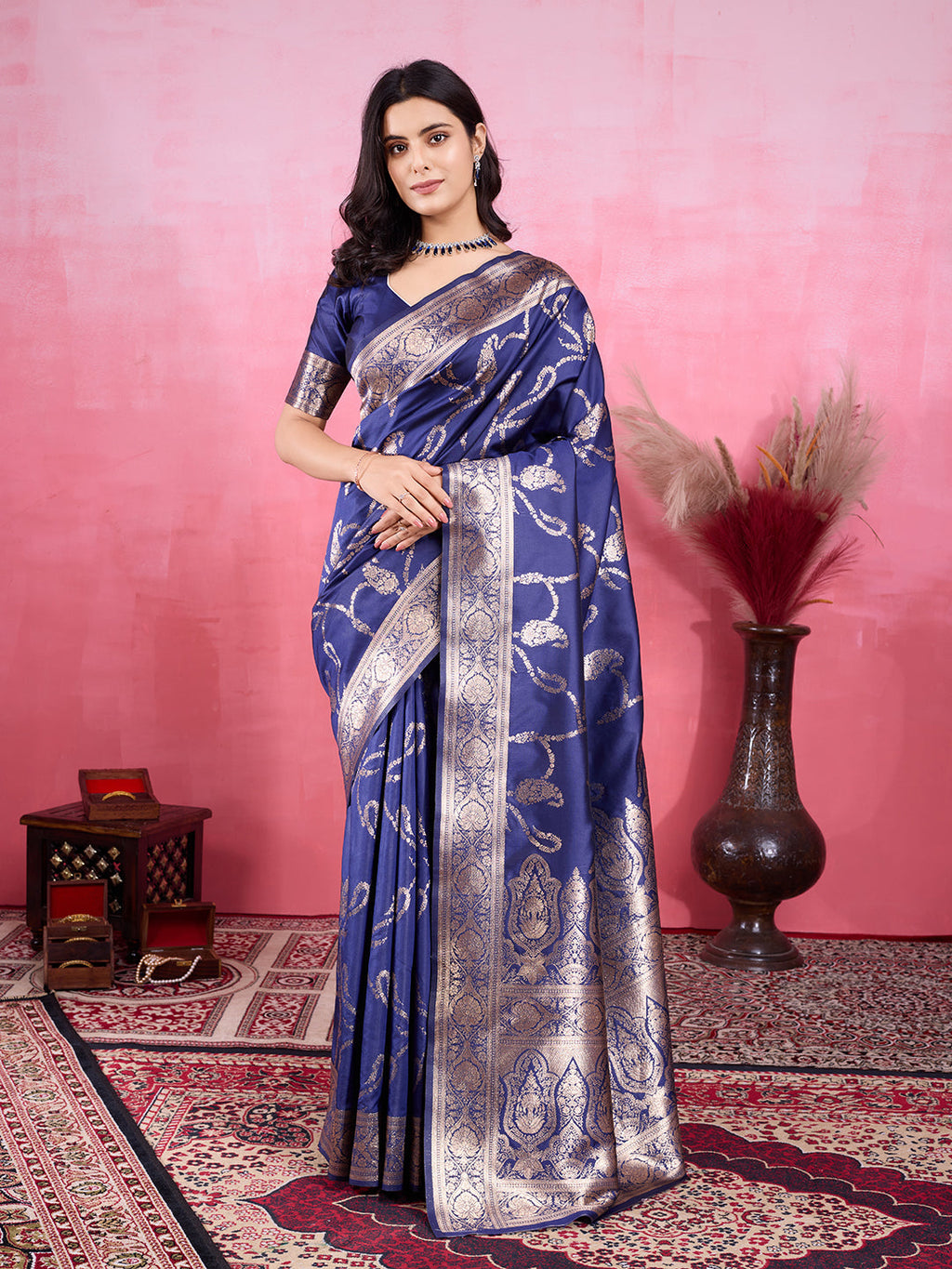 Elegant navy blue Litchi silk Banarasi saree with intricate golden-look jacquard motifs