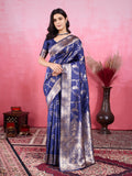Elegant navy blue Litchi silk Banarasi saree with intricate golden-look jacquard motifs